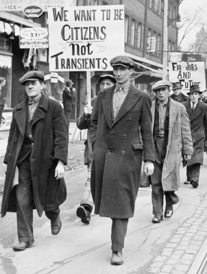 (The Depression) The Single Men's Unemployed Association parading to Bathurst Street United Church. Toronto, Canada