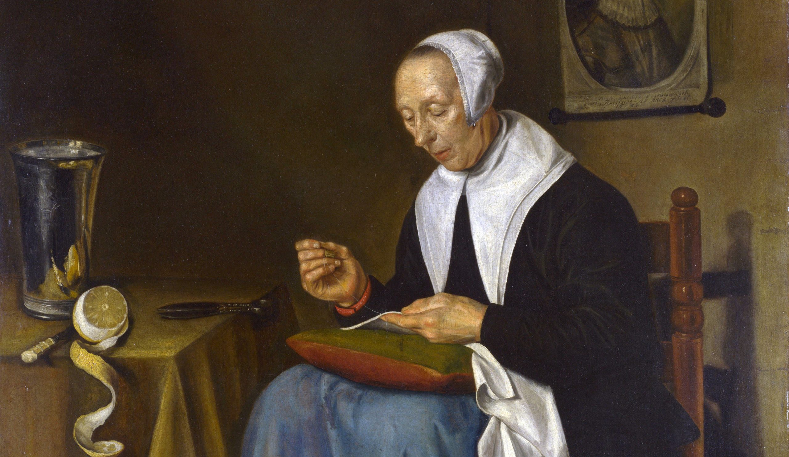 Johannes van der Aeck: An Old Woman seated sewing