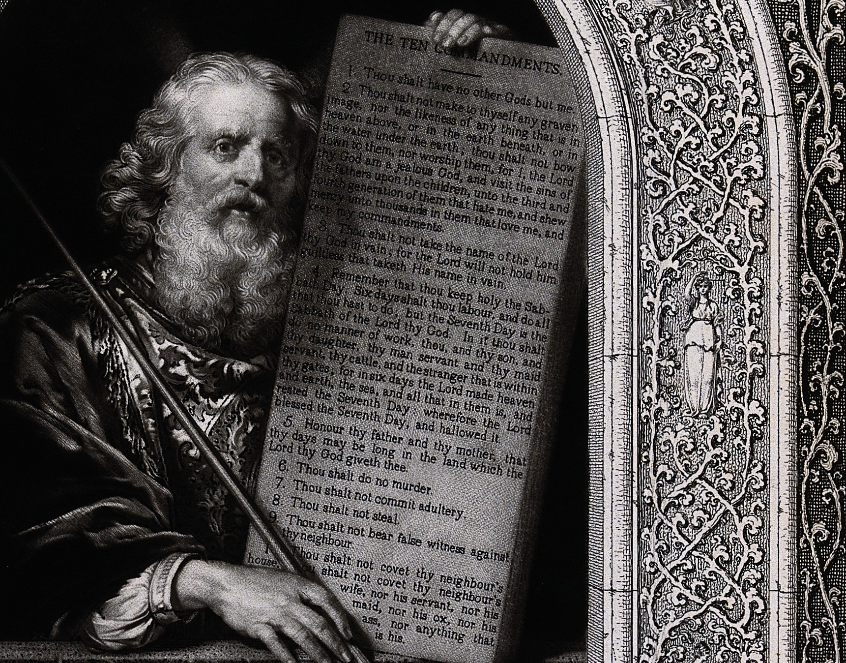 V0034277 Moses, with his rod and the table of the ten commandments; w